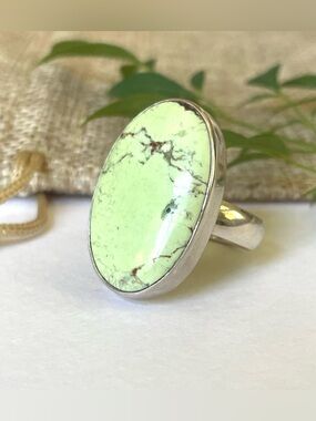 925 Sterling silver Oval Lemon Chrysoprase ring size US:7 (26mm*16mm)